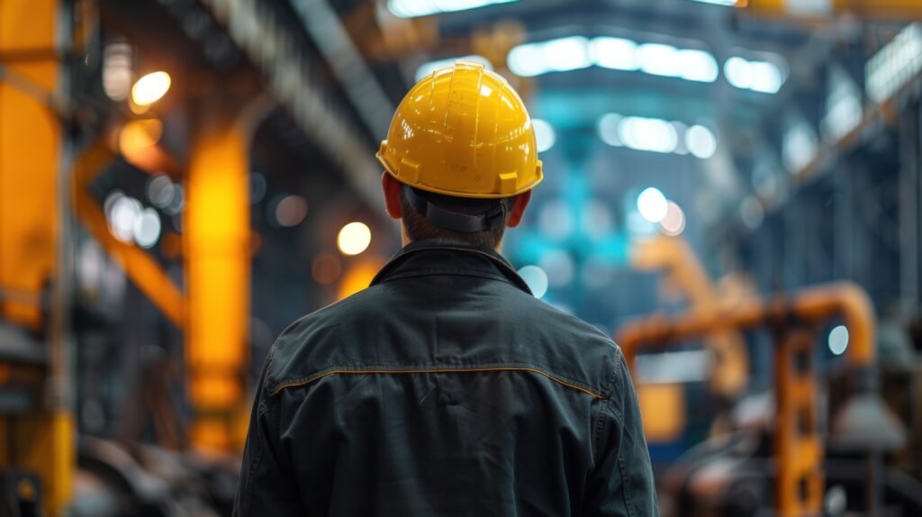 A person wearing a yellow hard hat stands in a factory or industrial setting. The scene is filled with heavy machinery and infrastructure. The individual, seen from the back, appears to be observing or inspecting the area. The lighting is a mix of artificial and natural, creating a contrast between the warm tones of the equipment and the cooler tones of the background. This image is suitable for illustrating work environments, engineering, safety protocols, or career-related content. It conveys a sense of industry, labor, and potentially, the management or oversight of operations.